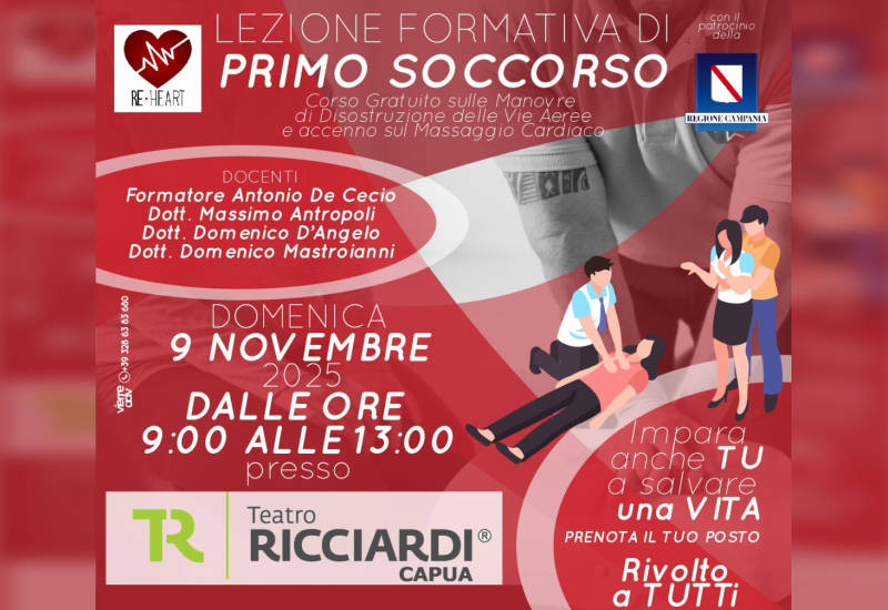 Lezione informativa gratuita di primo soccorso al Teatro Ricciardi. Il 9 novembre pronti ad imparare a salvare una vita.
